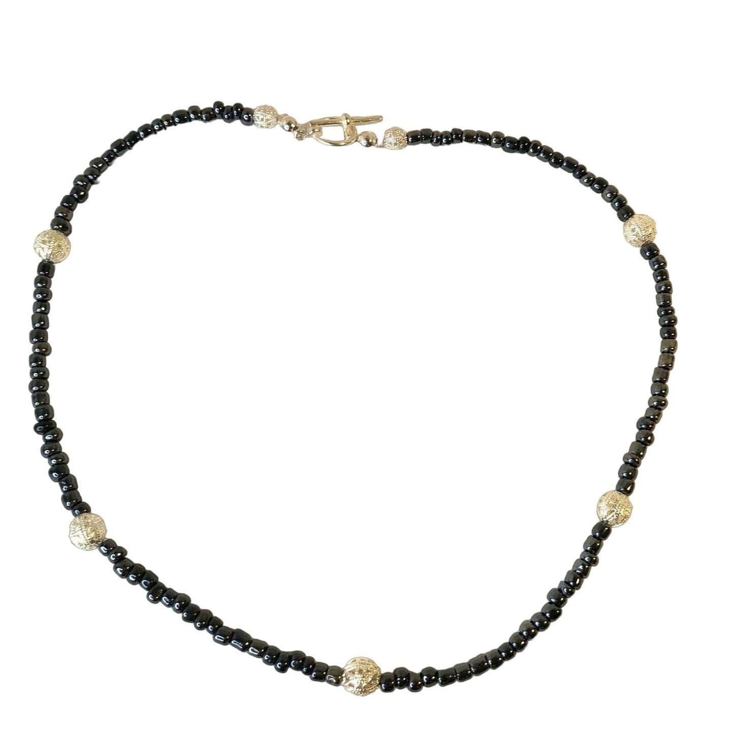 Handcrafted Beaded Necklace Pewter Colored Beads with Silver Accent Beads NEW