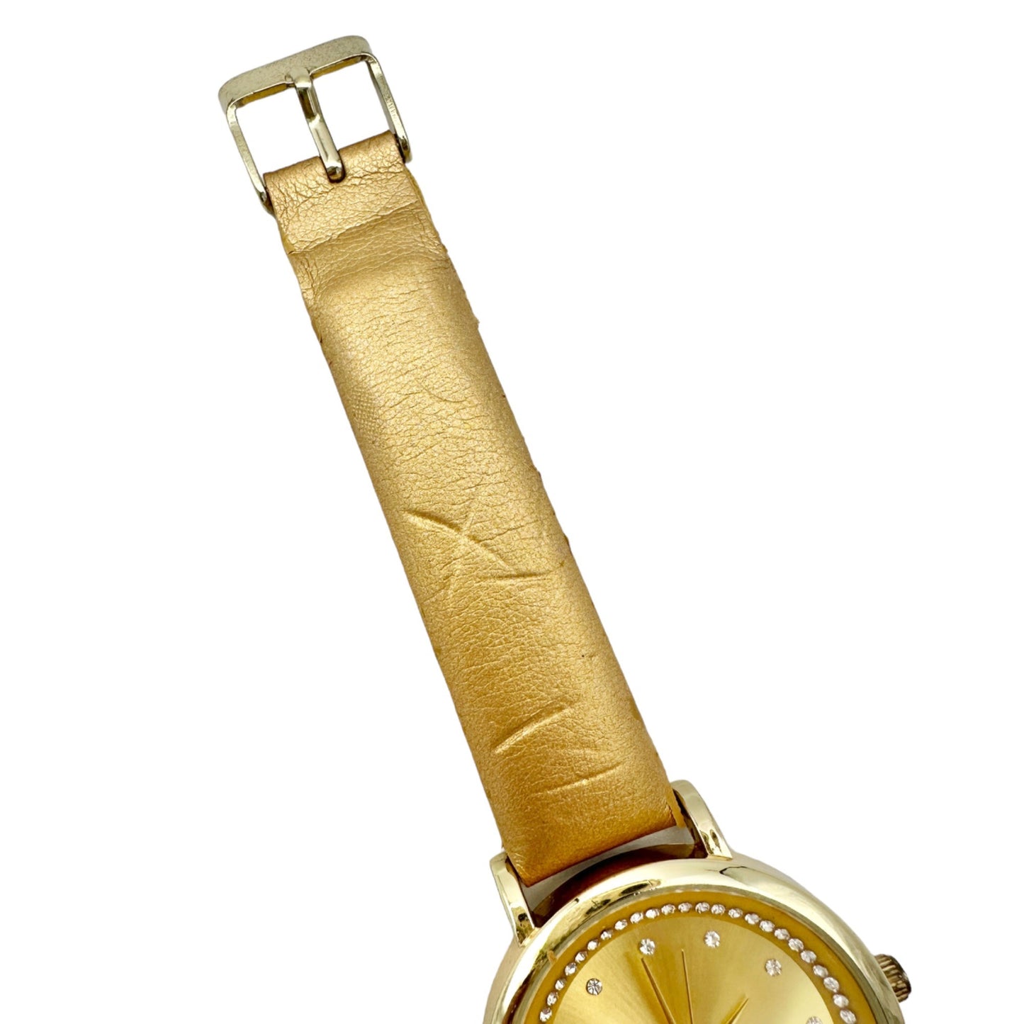Goldtone Watch with Crystal Accent Faux Leather Gold Buckle Strap