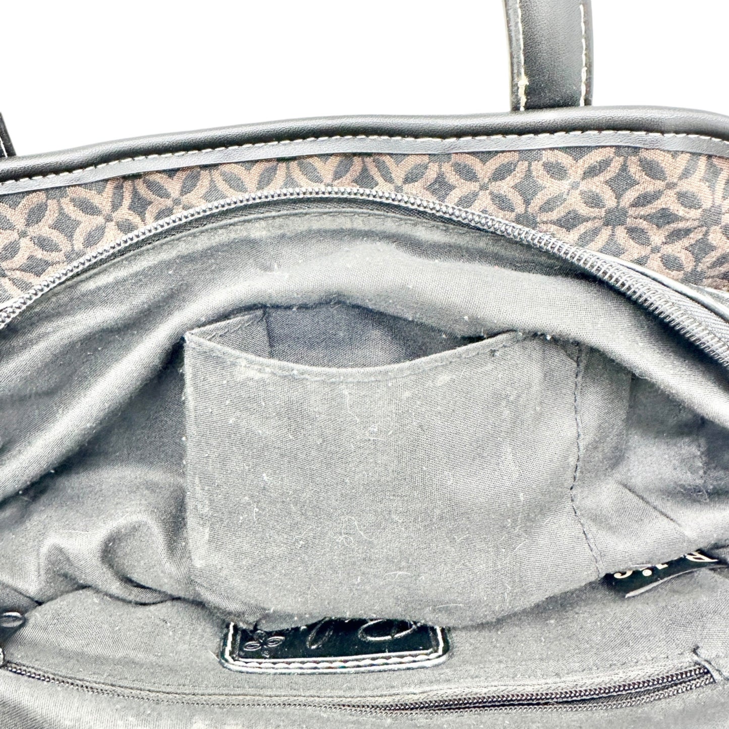 Relic Brown Geometric Pattern Handbag Black Faux Leather Trim Double Handles