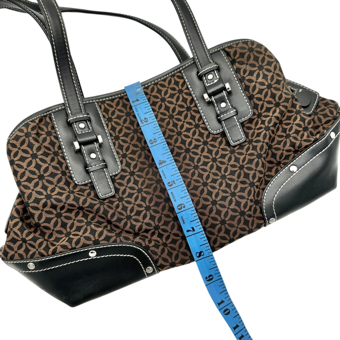 Relic Brown Geometric Pattern Handbag Black Faux Leather Trim Double Handles