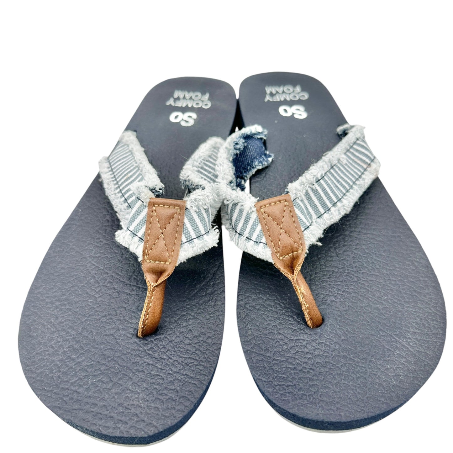 So Comfy Foam Womens Denim Flip-Flops Size 10 Striped Straps Faux Leather Accent