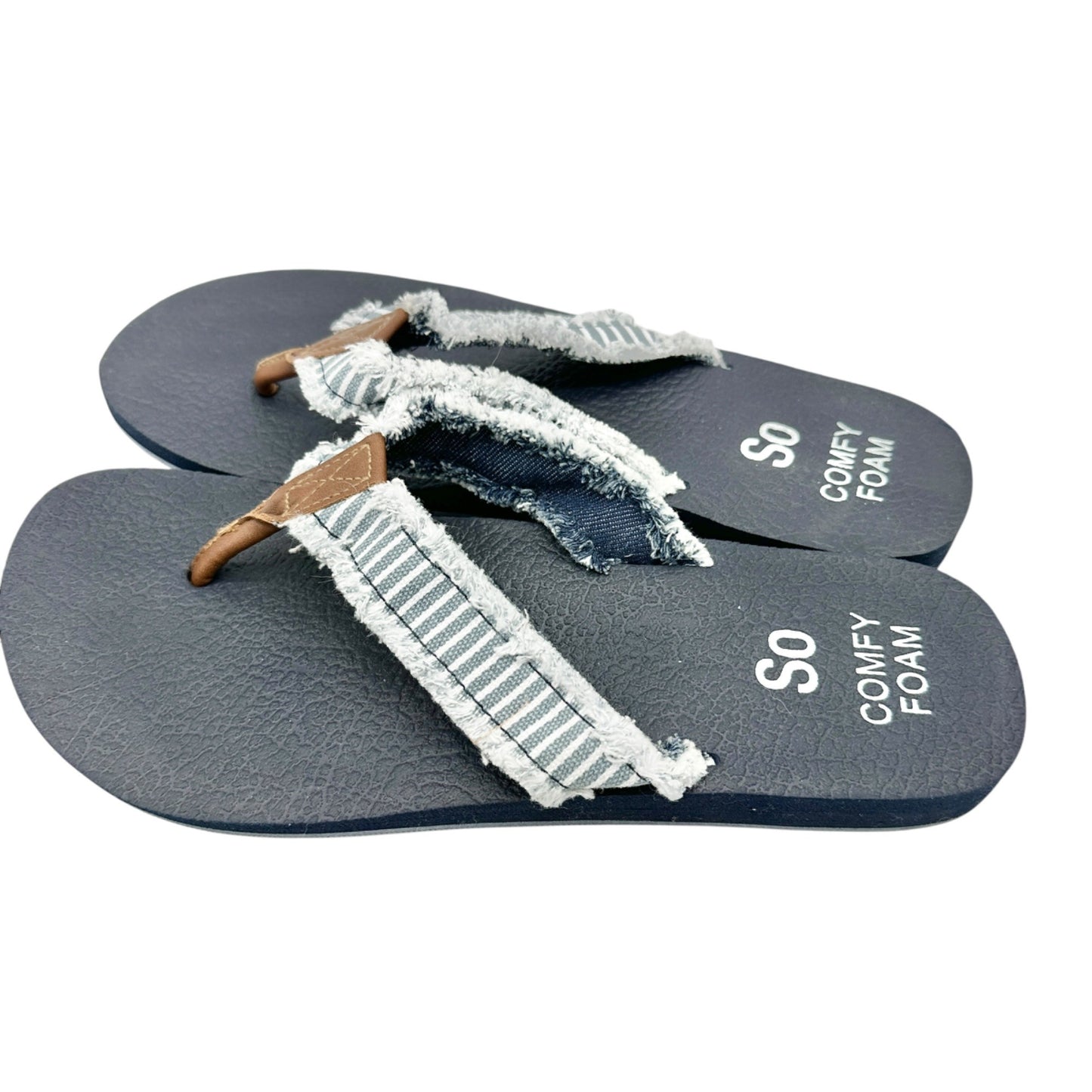 So Comfy Foam Womens Denim Flip-Flops Size 10 Striped Straps Faux Leather Accent