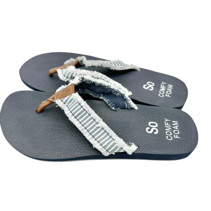 So Comfy Foam Womens Denim Flip-Flops Size 10 Striped Straps Faux Leather Accent