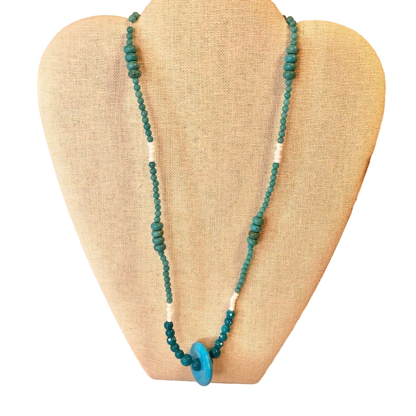 Handcrafted Beaded Necklace Blue Hues and White Beads Pendant Jewelry NEW