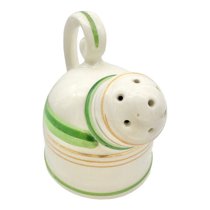 Vintage 3pc Salt & Pepper Shakers & Tray White Ceramic Green & Gold Lines Japan