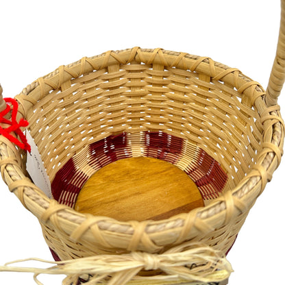 Handmade Basket Gingerbread Trio Round with Wrapped Handle Burgundy Accent