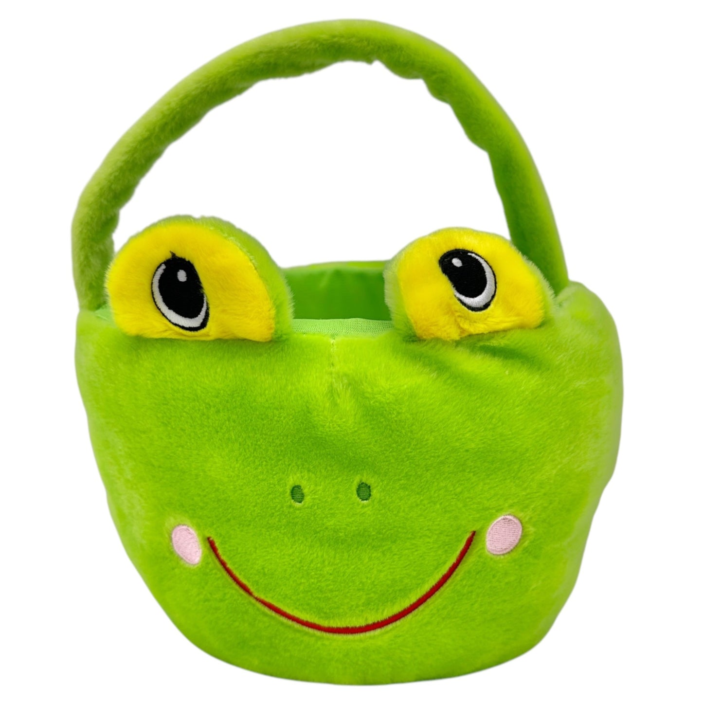 Plush Frog Face Green Basket w Handle Stuffed Polyester Fiber Lightweight Sturdy