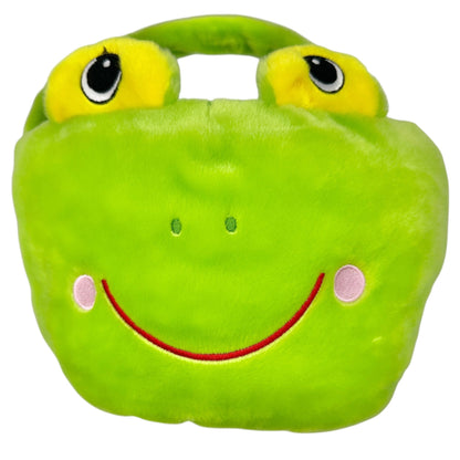 Plush Frog Face Green Basket w Handle Stuffed Polyester Fiber Lightweight Sturdy