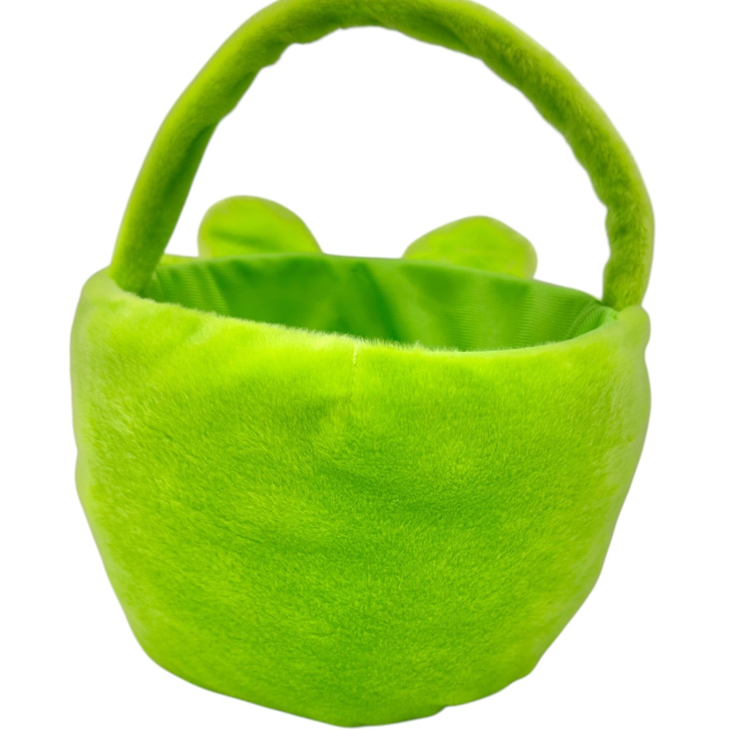 Plush Frog Face Green Basket w Handle Stuffed Polyester Fiber Lightweight Sturdy