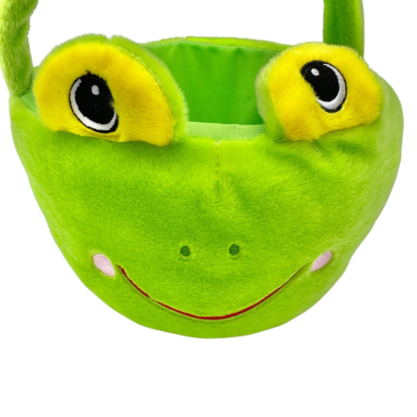 Plush Frog Face Green Basket w Handle Stuffed Polyester Fiber Lightweight Sturdy