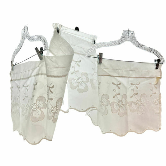 Vintage JCPenney Curtain Valance Sheer White Floral Embroidered 66x14 Scalloped
