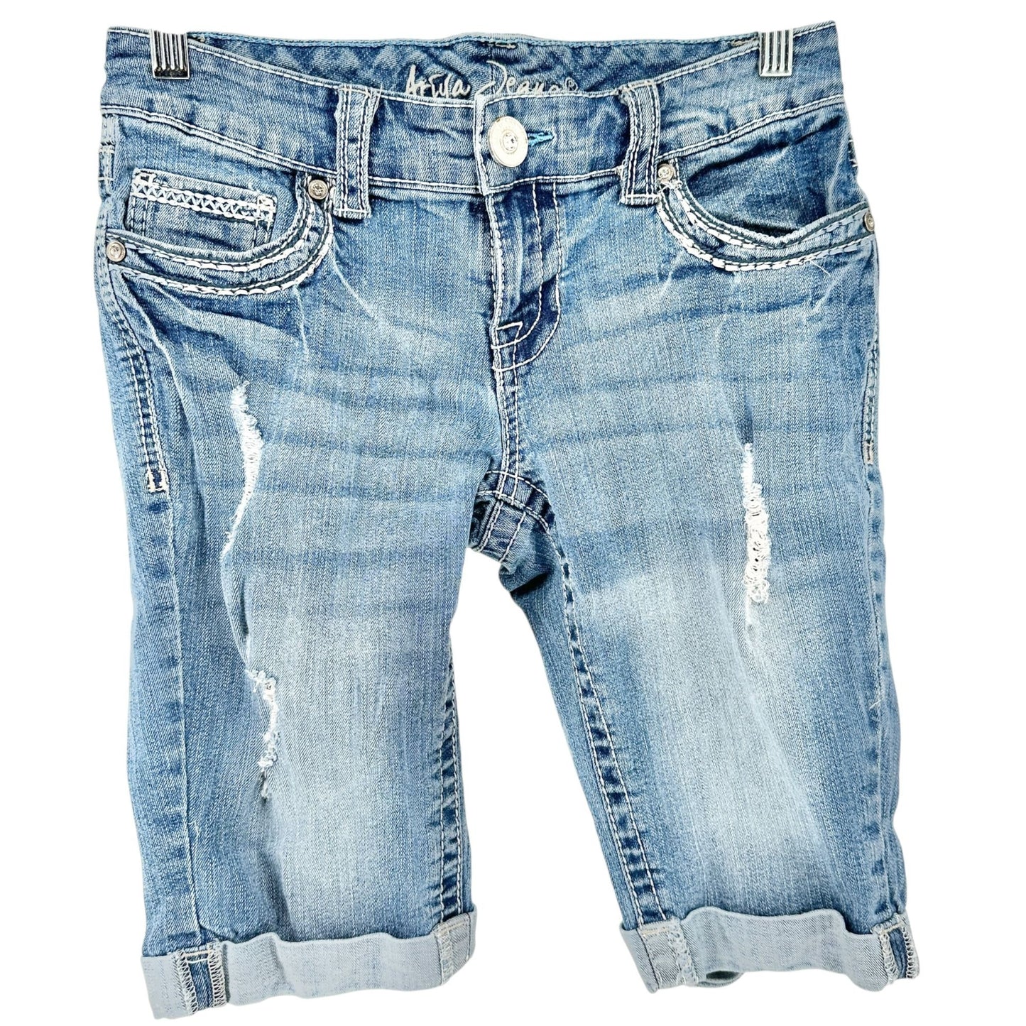 Aria Jeans Womens 5/6 Shorts Distressed Bermuda Denim With Embroidered Pockets