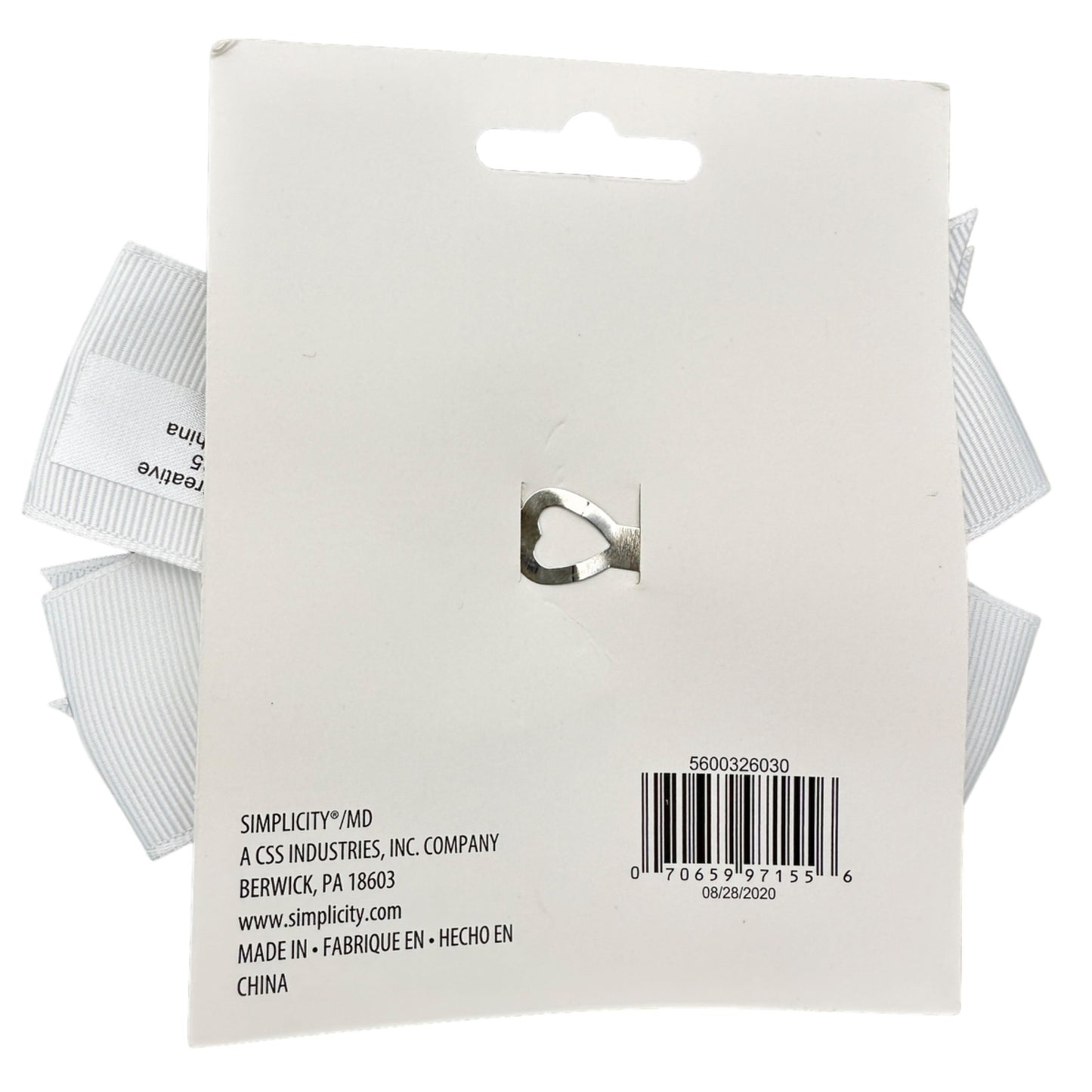 Simplicity Grosgrain Bows Set of 6 White With Heart Clips on Back Hair Packages