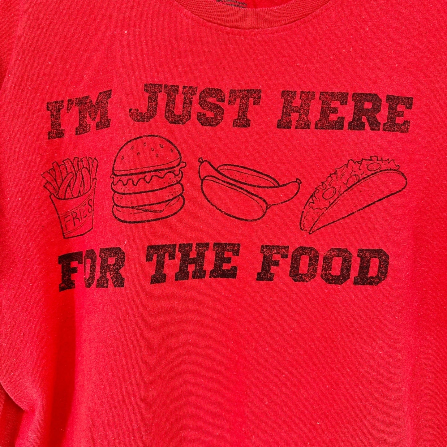 Chemistry Graphic T-Shirt L Red "I'm Just Here For The Food" SS Cotton Poly