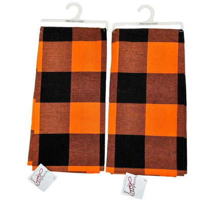 Primitives by Kathy Dish Towels 20x28 Orange Black Plaid Fall Halloween  NWT