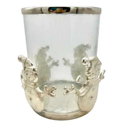 Large Snowman Pillar Candle Holder Pewter and Glass 8 x 6 in Holds 3x3 Candle