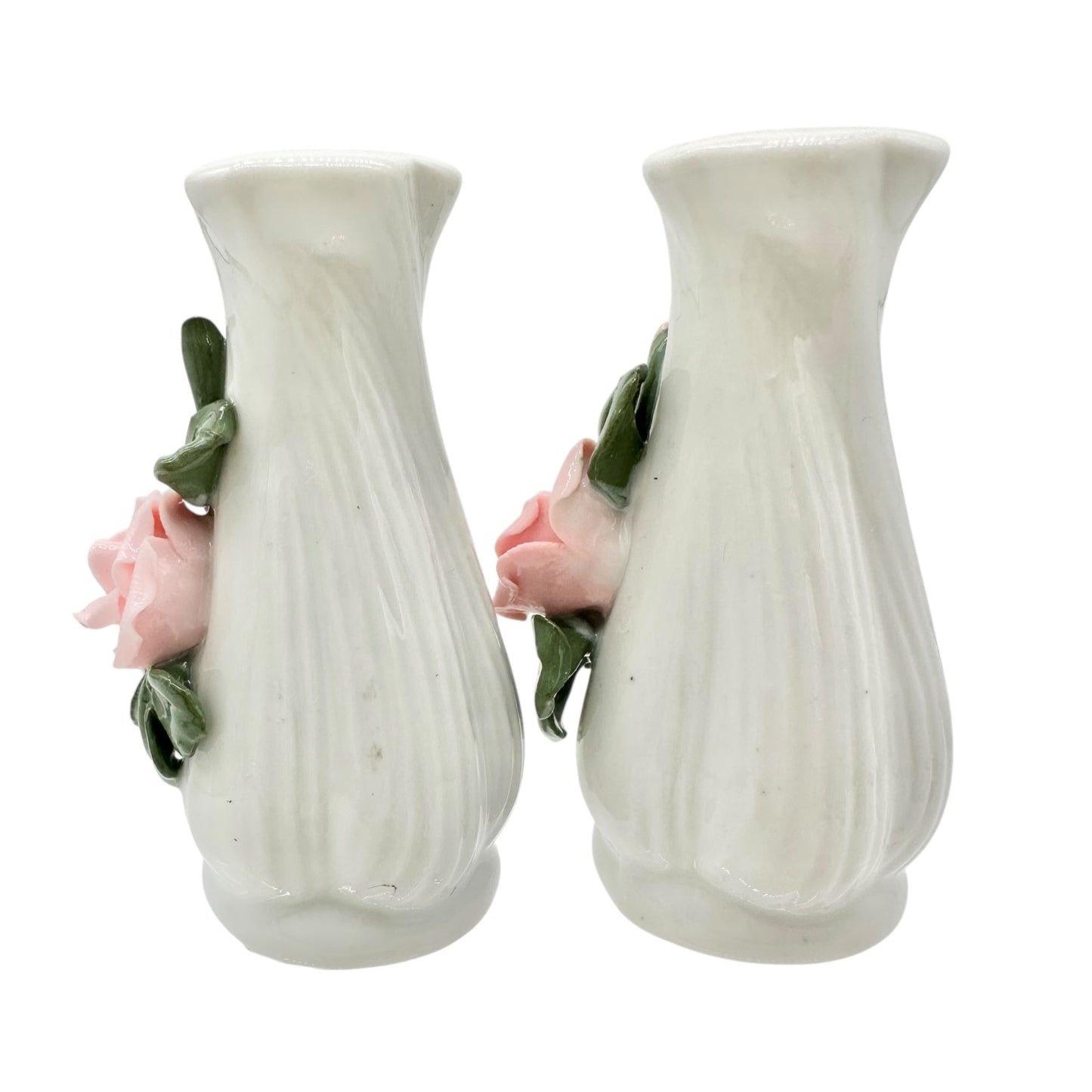 Ceramic Floral Salt and Pepper Shakers White with Pink Roses and Green Leaves