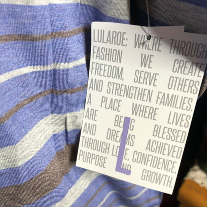LuLaRoe RETIRED Irma Women's Large Gray & Blue Stripes mid-length sleeves NWT