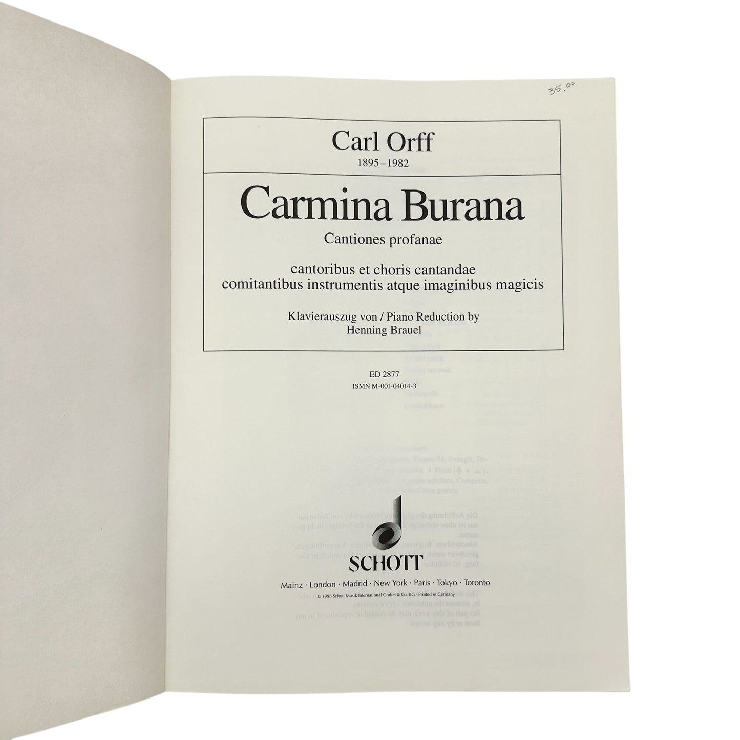 Carmina Burana By Carl Orff Vocal Score Piano Reduction Schott Edition ED 2877