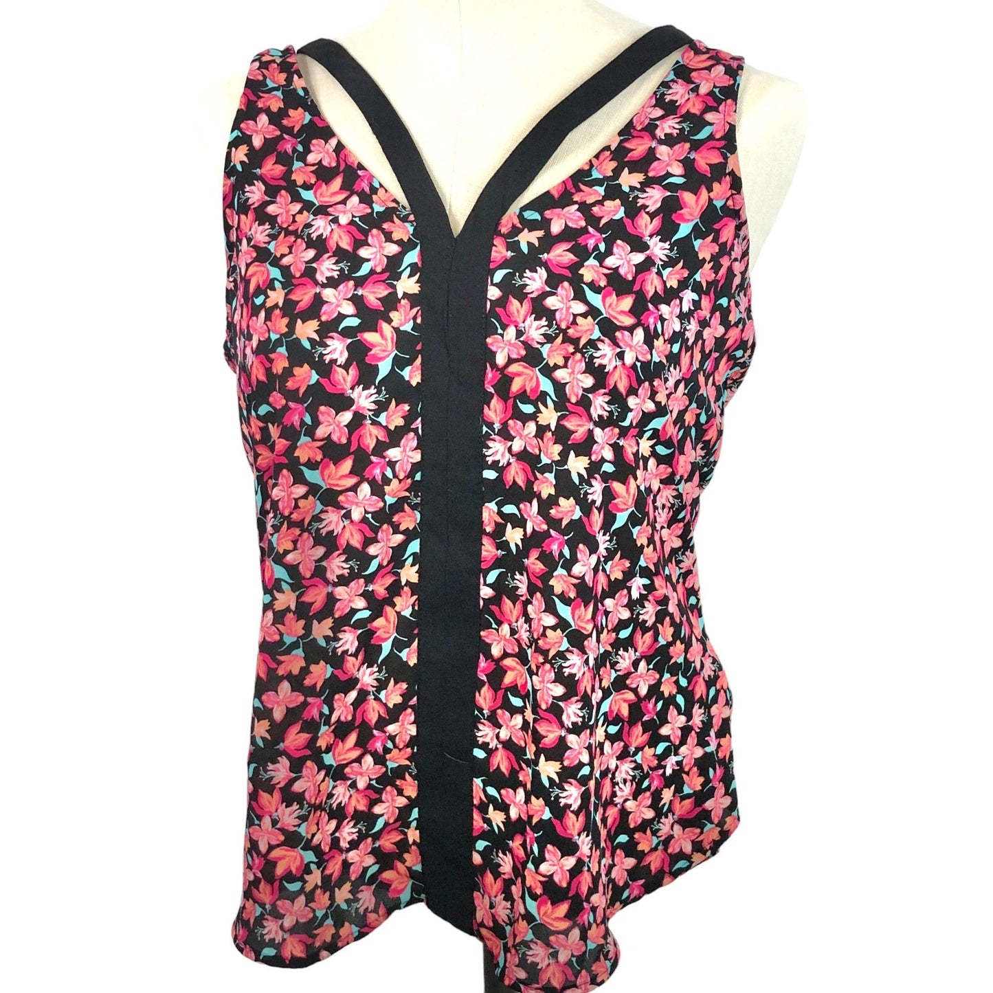 Candie's Cutout Tank Top Women's M Floral Print Sleeveless V-Neck Black Pink