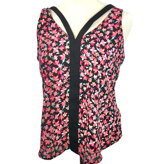 Candie's Cutout Tank Top Women's M Floral Print Sleeveless V-Neck Black Pink