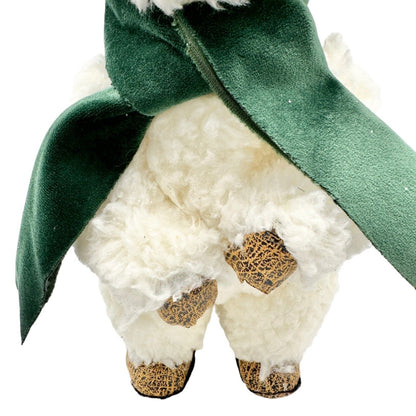 Winter Bear Stands Up Figurine Off-White Fleece with Green Velvet Scarf and Hat