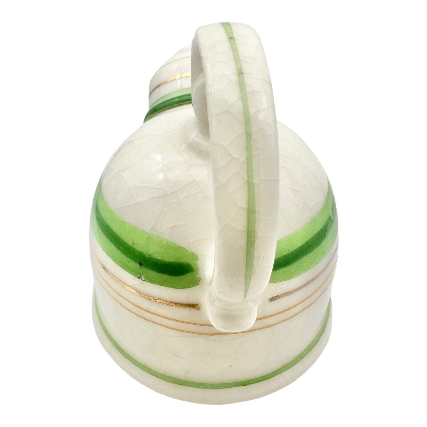 Vintage 3pc Salt & Pepper Shakers & Tray White Ceramic Green & Gold Lines Japan