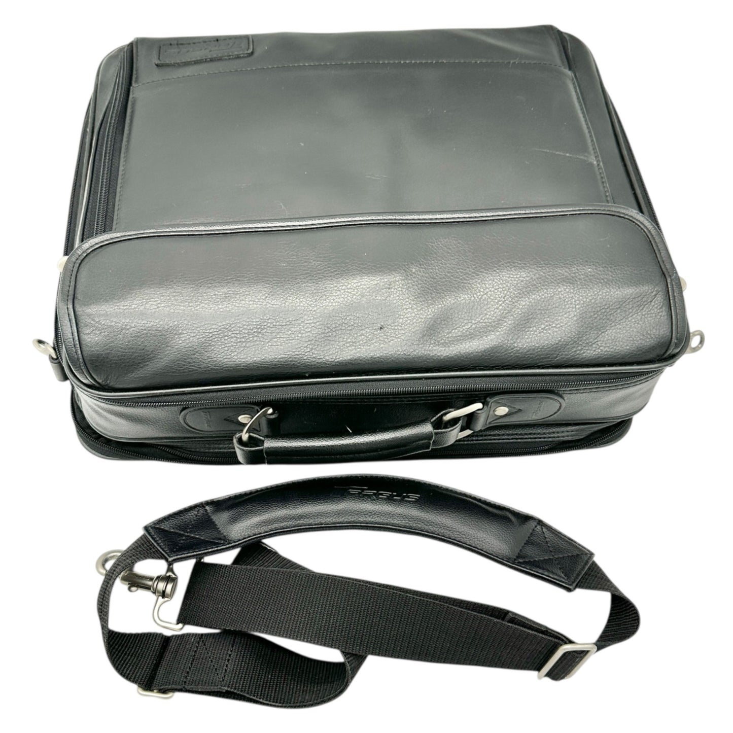 Targus Black Leather Briefcase Multiple Compartments Removable Shoulder Strap