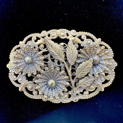 Antique Gold Tone Floral Filigree Oval Brooch Pin Early 1900s Intricate Design