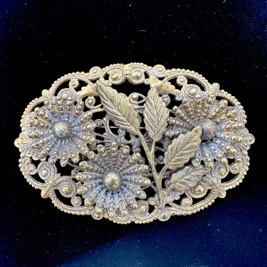 Antique Gold Tone Floral Filigree Oval Brooch Pin Early 1900s Intricate Design