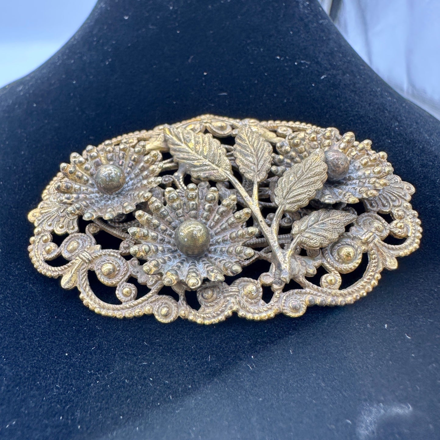 Antique Gold Tone Floral Filigree Oval Brooch Pin Early 1900s Intricate Design