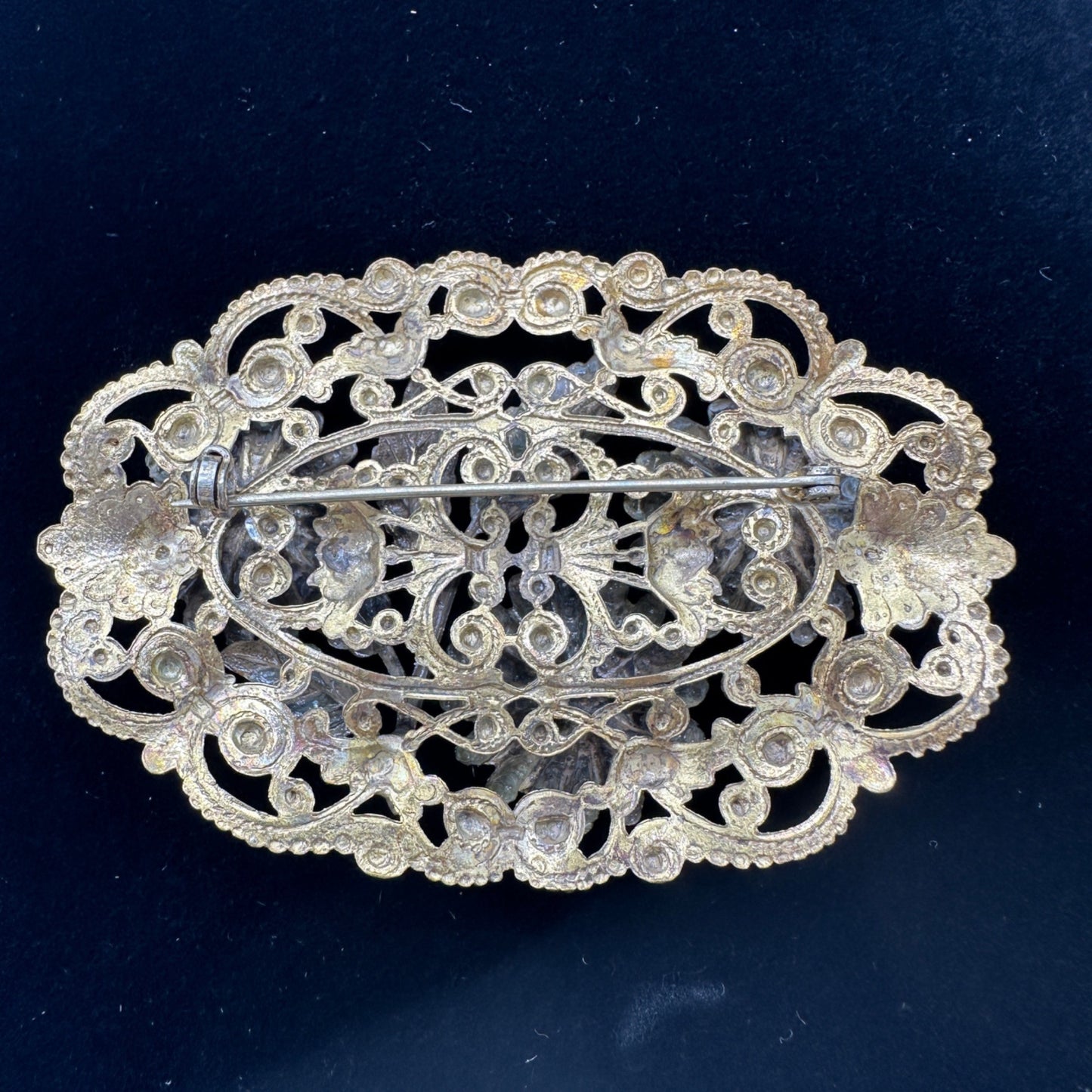 Antique Gold Tone Floral Filigree Oval Brooch Pin Early 1900s Intricate Design