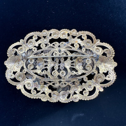 Antique Gold Tone Floral Filigree Oval Brooch Pin Early 1900s Intricate Design