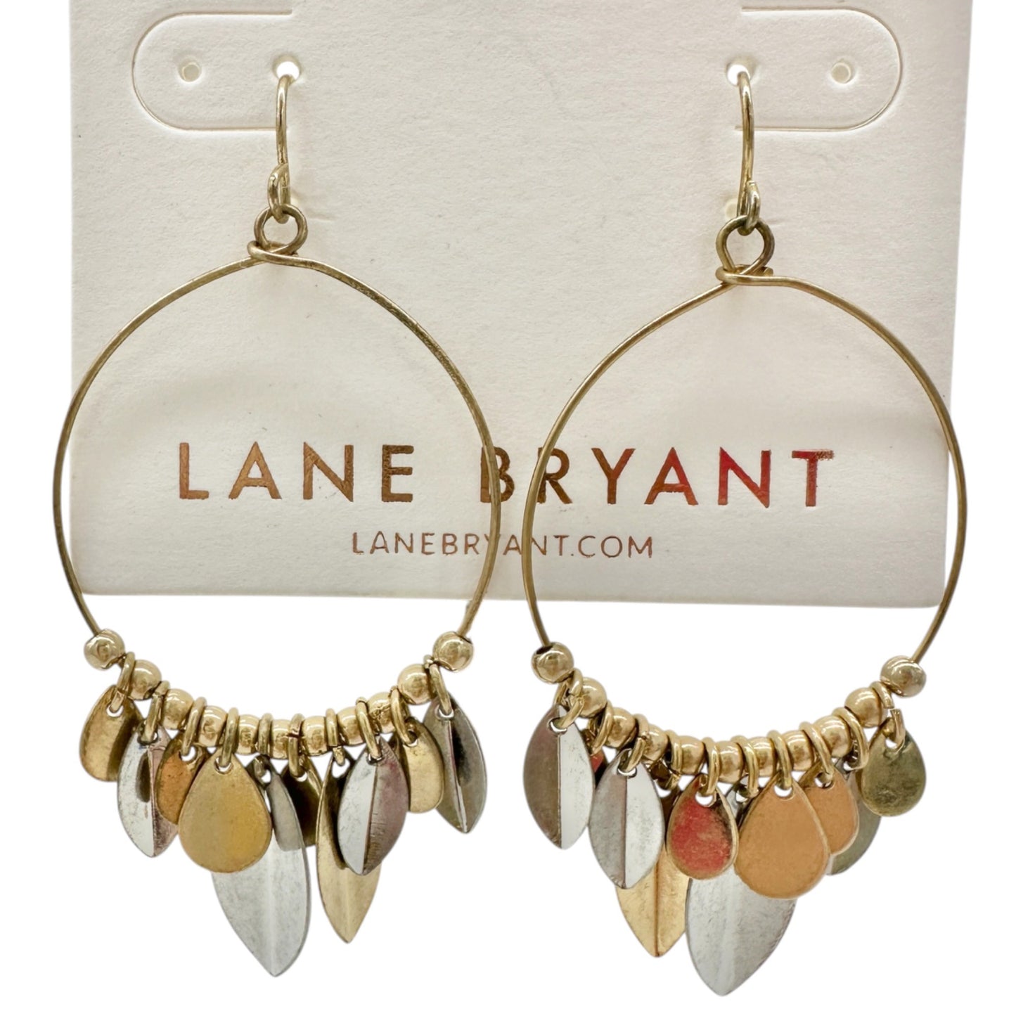 Lane Bryant Tri Tone Leaf Dangle Hoop Earrings Gold and Silver 2.5 inch Drop