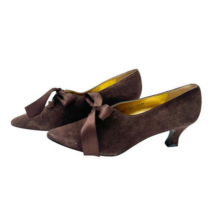 Vtg Nina Unila Brown Suede Kitten Heel Pumps Shoes 8.5N Ribbon Tie Made In Spain
