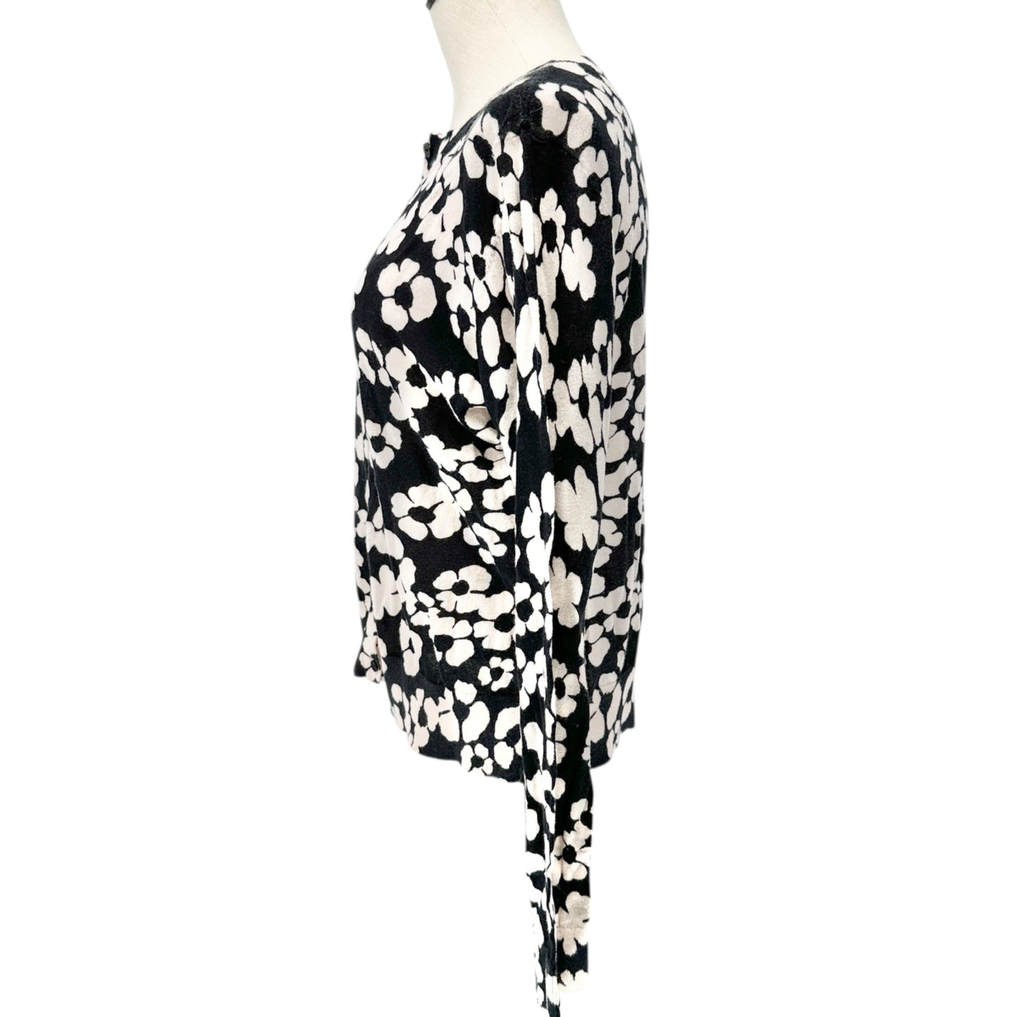 Button-Up Cardigan Sweater Womens S LS Black and White Flora Cotton Crew Neck