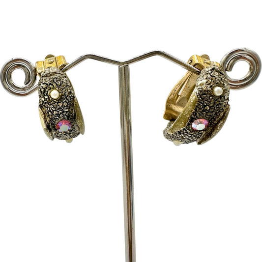 Vintage Goldtone Clip On Earrings With Faux Red and Rhinestone Accents 1 in Long