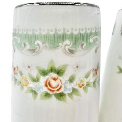 Vtg Floral Porcelain Salt and Pepper Shakers Green Trim Floral Elegant Decor 3.5