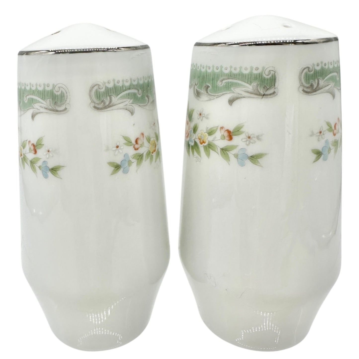 Vtg Floral Porcelain Salt and Pepper Shakers Green Trim Floral Elegant Decor 3.5
