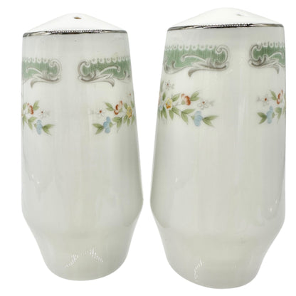 Vtg Floral Porcelain Salt and Pepper Shakers Green Trim Floral Elegant Decor 3.5