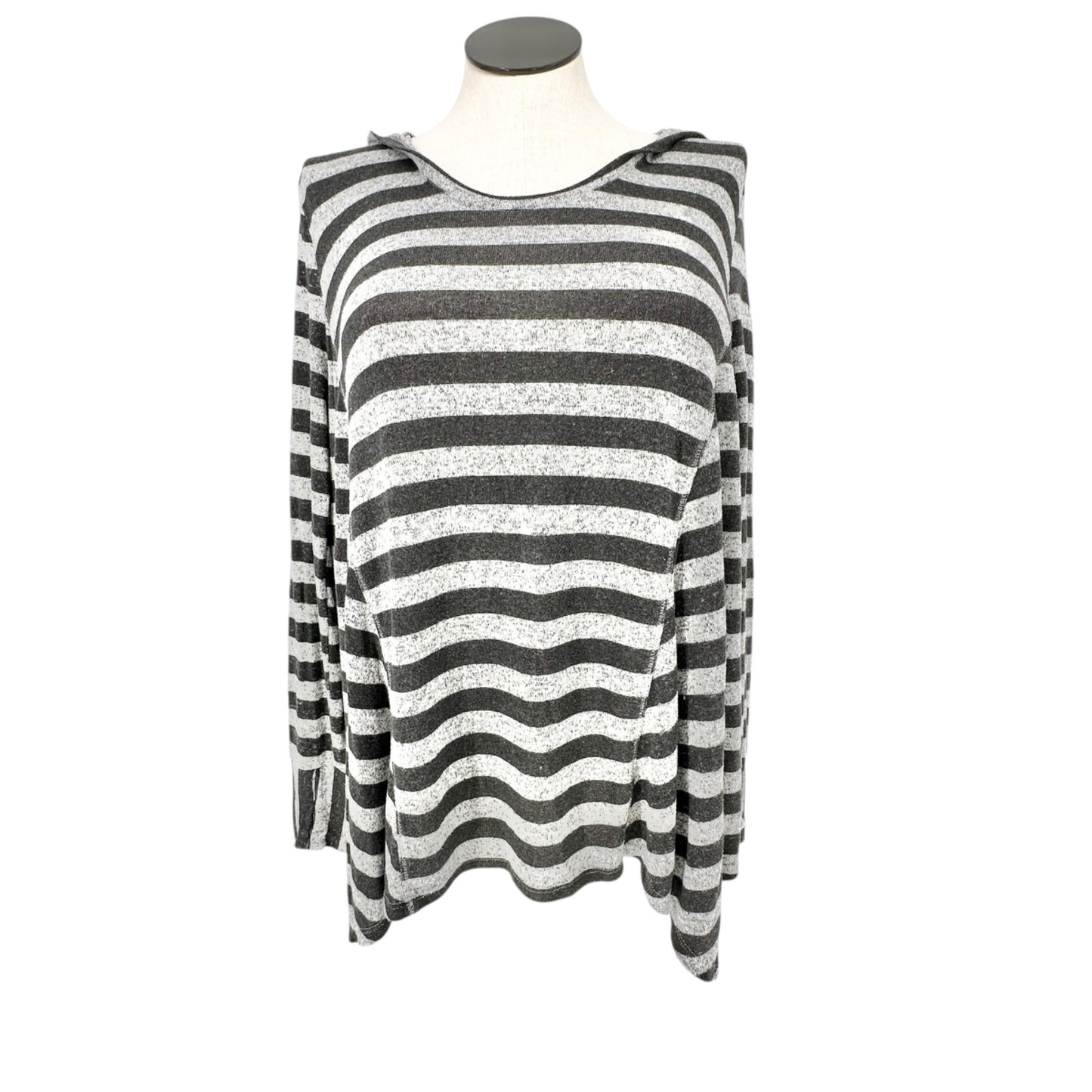 Cato Active Hooded Pullover Top Womens L Striped Gray and Black LS Soft Cozy