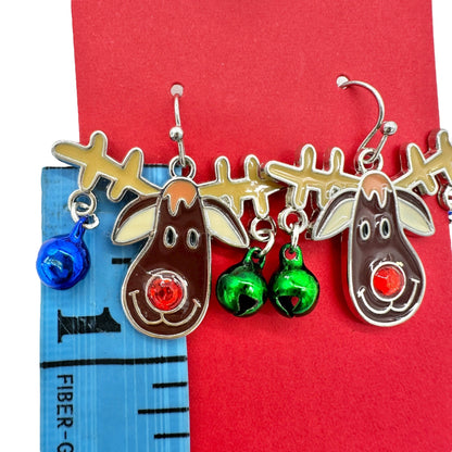 Christmas Reindeer Dangle Earrings with Jingle Bells Festive Holiday Jewelry