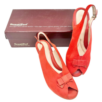 BeautiFeel Red Suede Slingback Peep Toe Wedge Sandals Size 39 US 8.5 Bow Accent