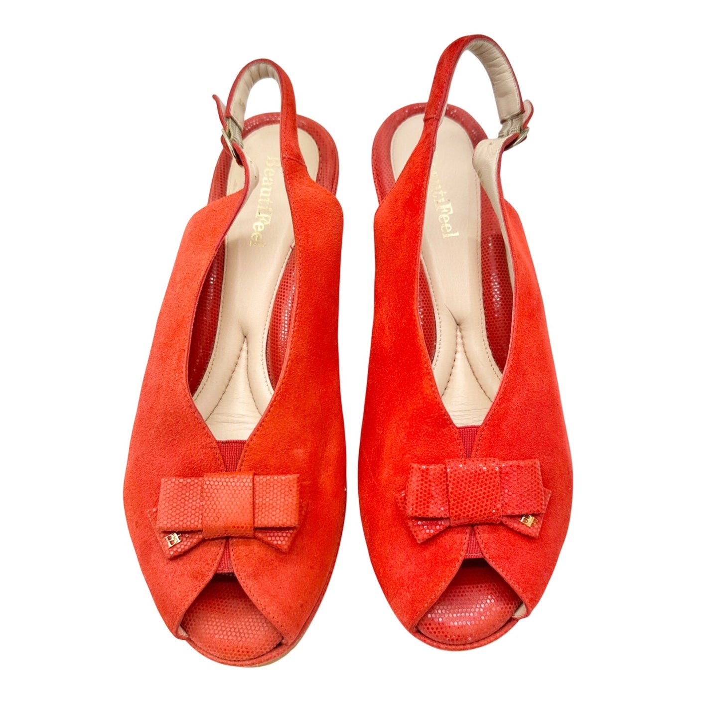 BeautiFeel Red Suede Slingback Peep Toe Wedge Sandals Size 39 US 8.5 Bow Accent