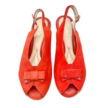 BeautiFeel Red Suede Slingback Peep Toe Wedge Sandals Size 39 US 8.5 Bow Accent