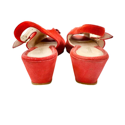 BeautiFeel Red Suede Slingback Peep Toe Wedge Sandals Size 39 US 8.5 Bow Accent