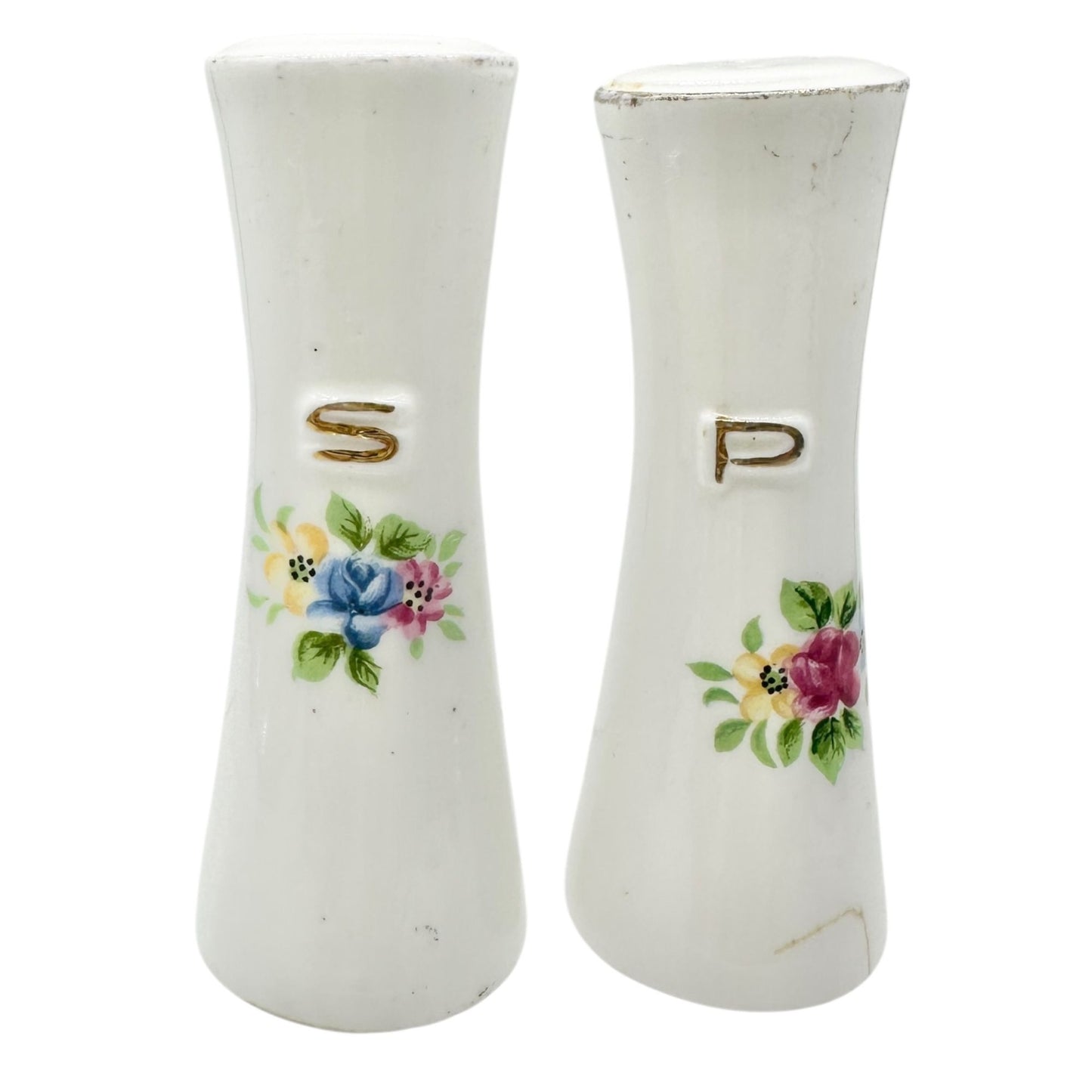 Vintage Ceramic Floral Salt and Pepper Shakers Painted Accents Gold Lettering