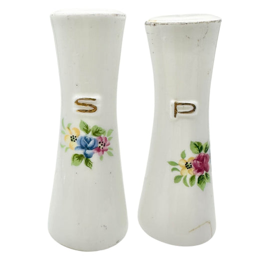 Vintage Ceramic Floral Salt and Pepper Shakers Painted Accents Gold Lettering