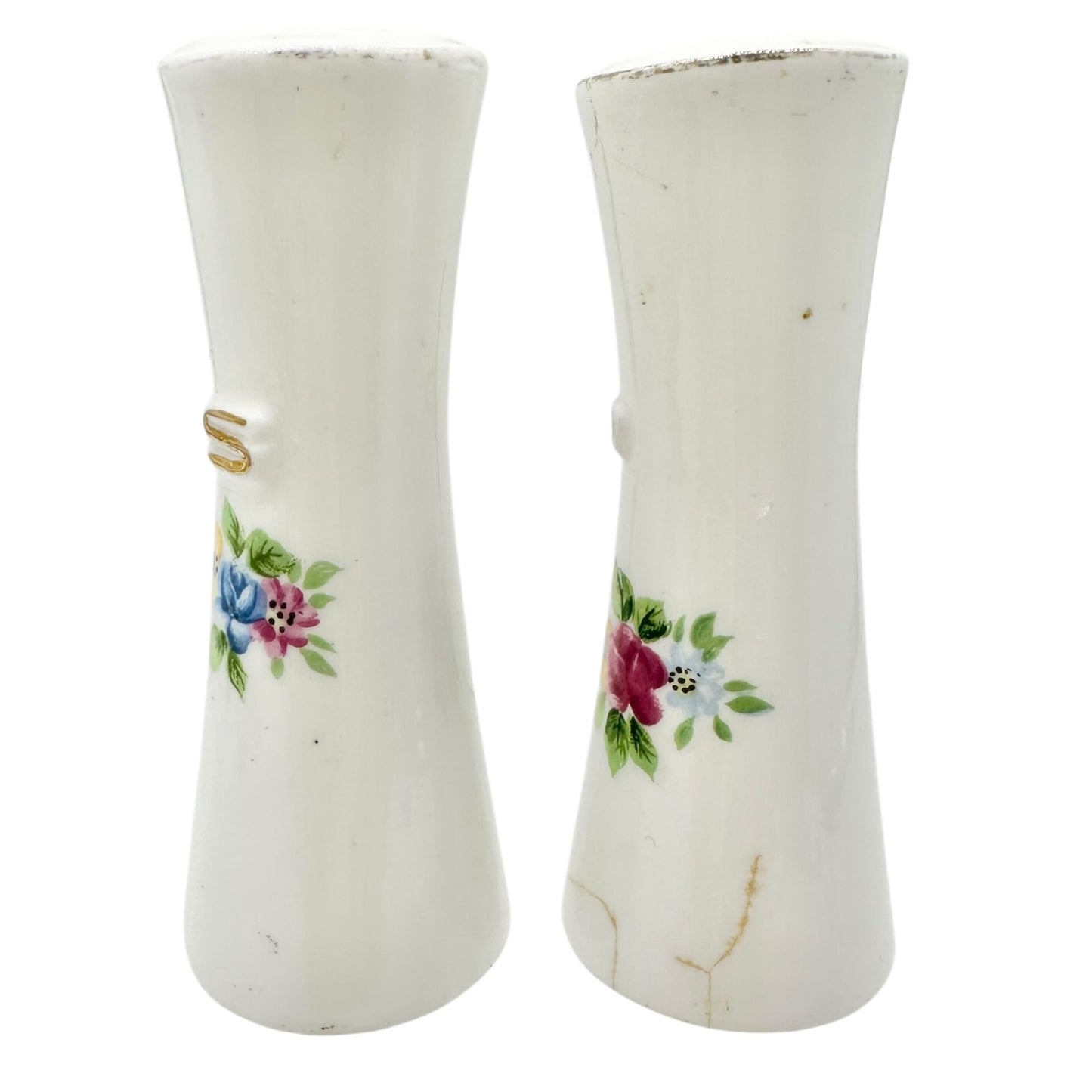 Vintage Ceramic Floral Salt and Pepper Shakers Painted Accents Gold Lettering