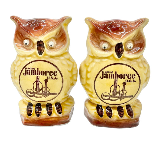 Vintage Scotty Wheeling Jamboree Owl Salt and Pepper Shakers Googly Eyes Move